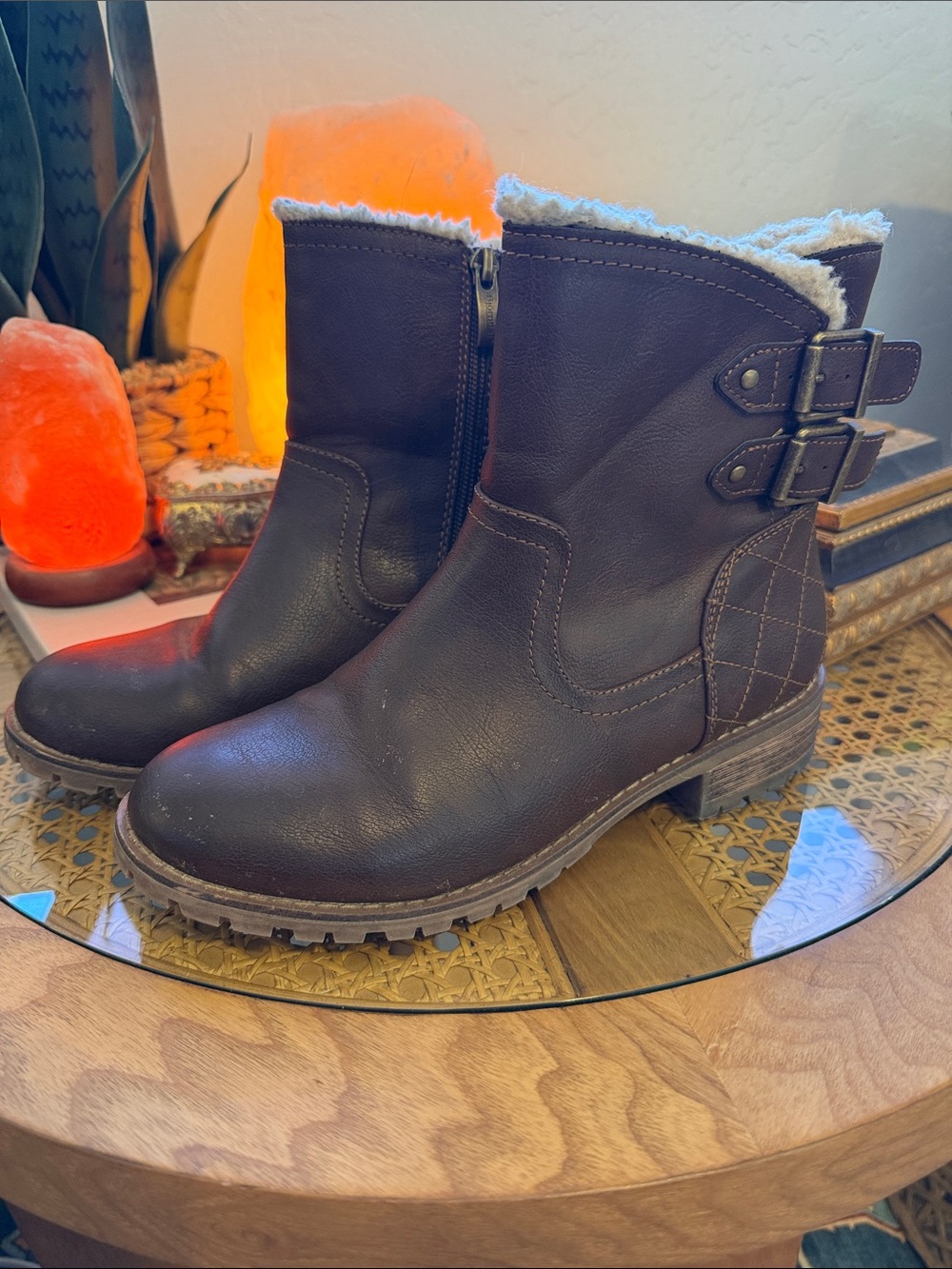 Bjorndal Dark Brown Faux-Leather Shearling-Lined Short Boots with Buckles